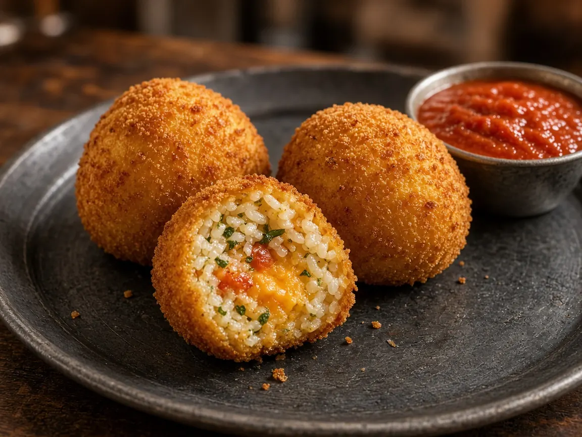 Three fried rice balls on a metal tray, one cut open to show rice