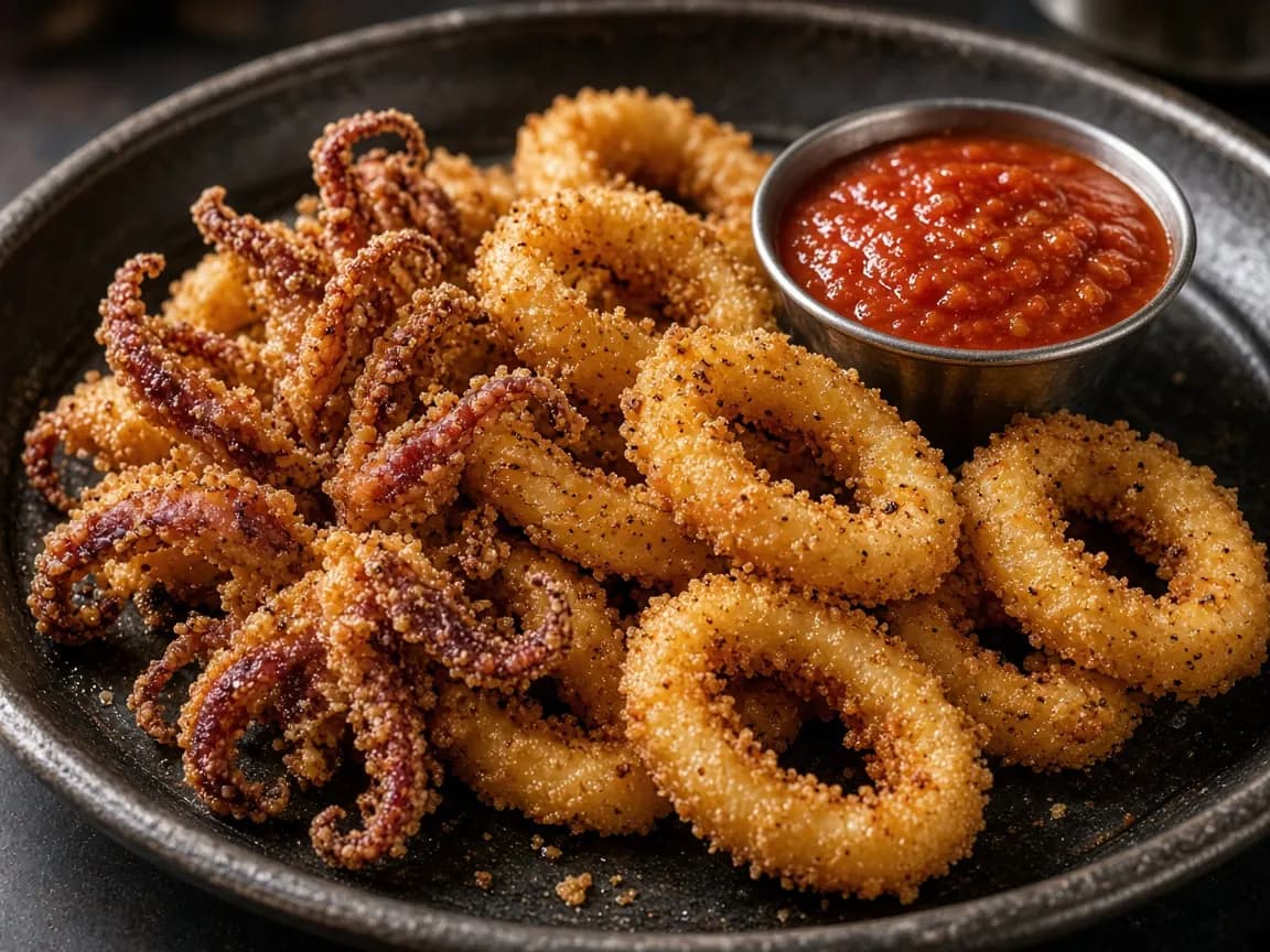 Fried calamari rings on a metal tray with a cup of marinara