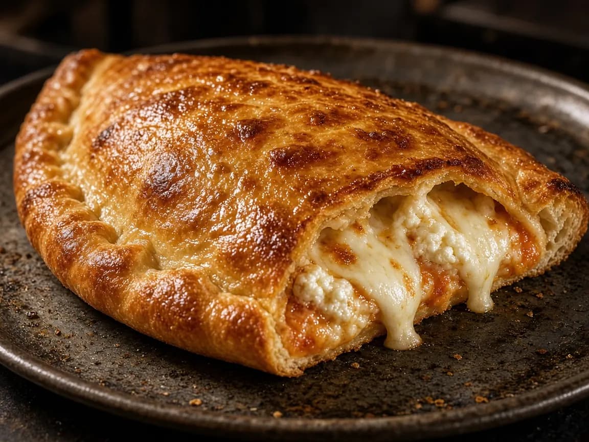 Baked calzone on a metal tray, cut open to show melted cheese