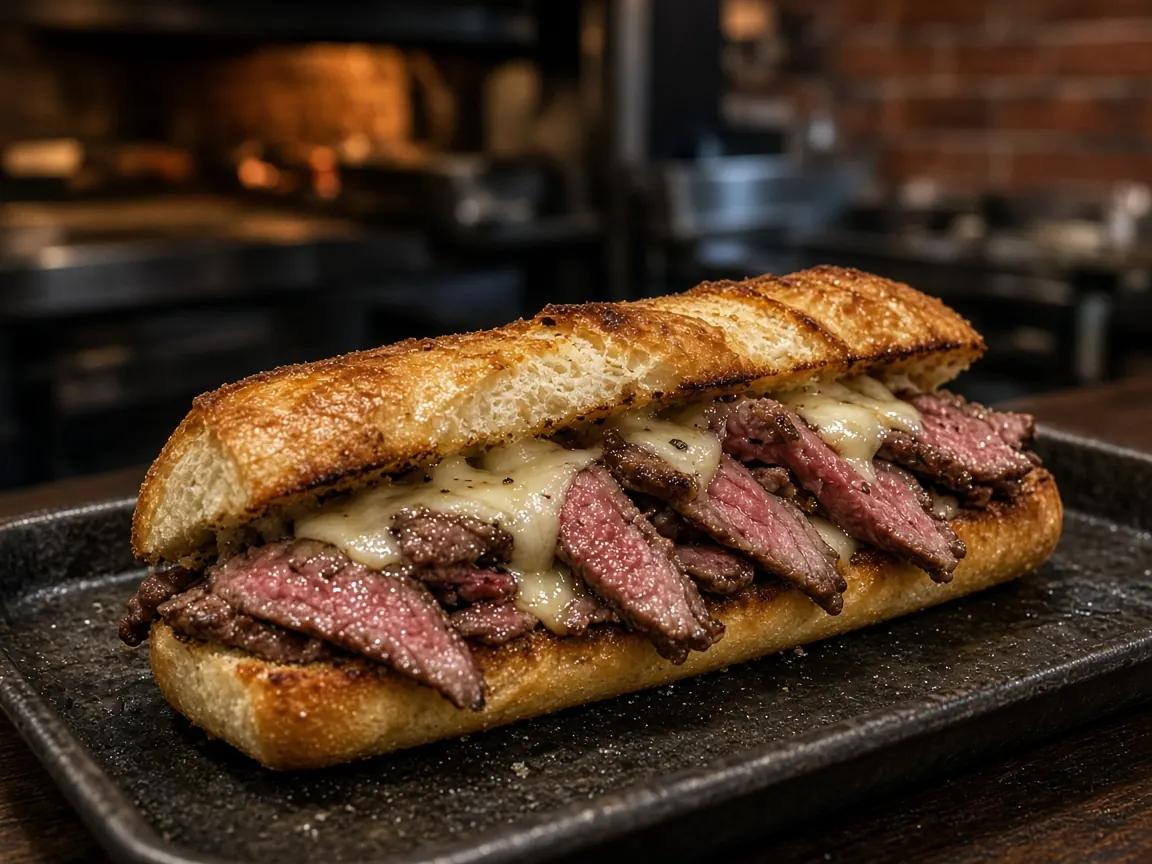 Steak sandwich on a long roll with sliced beef and melted cheese