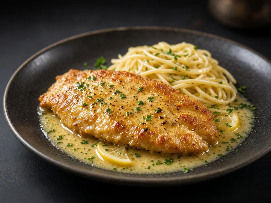 Chicken cutlet in a pale lemon sauce, served with pasta