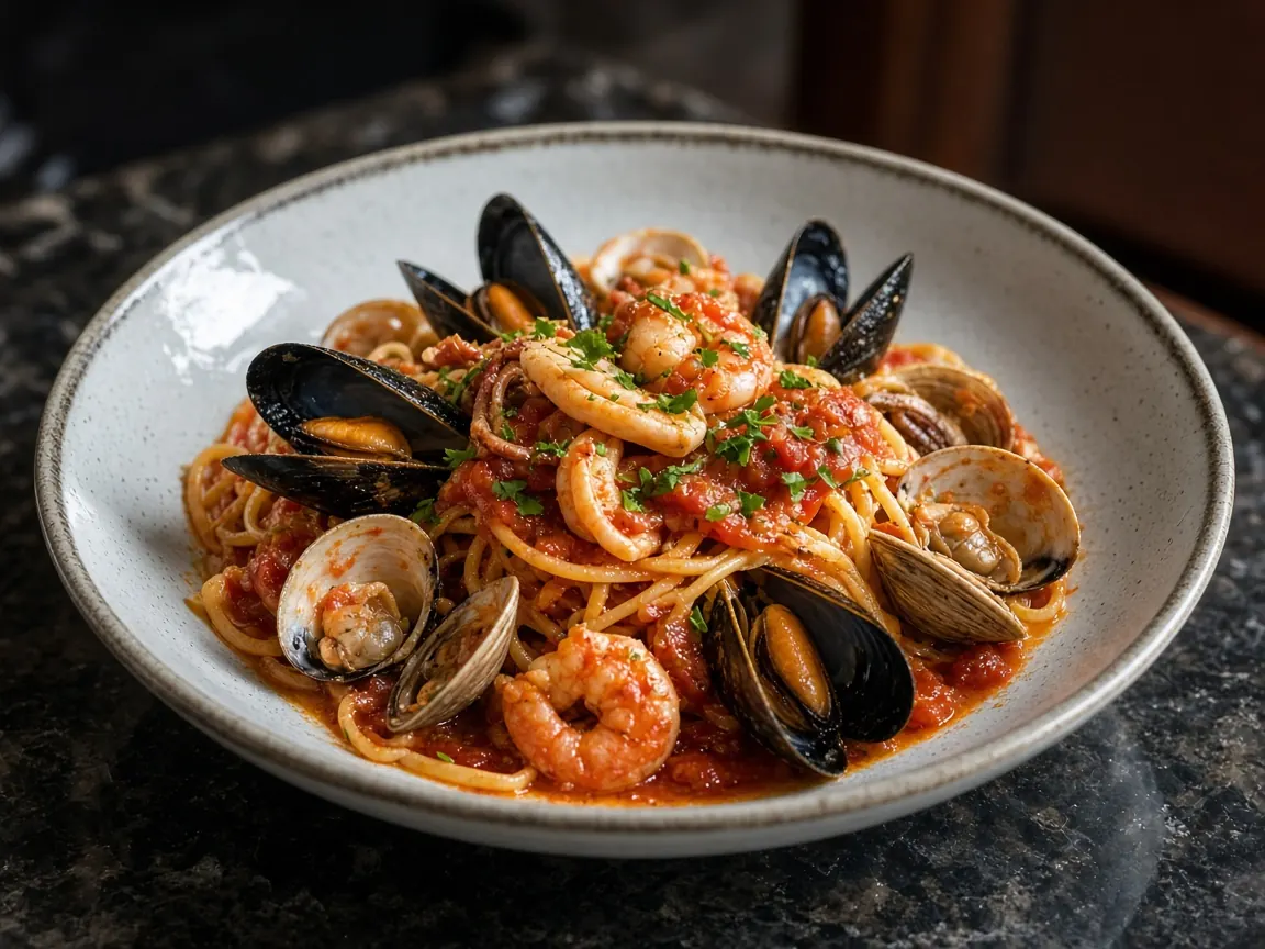 Seafood in a red sauce with shrimp, mussels, and calamari