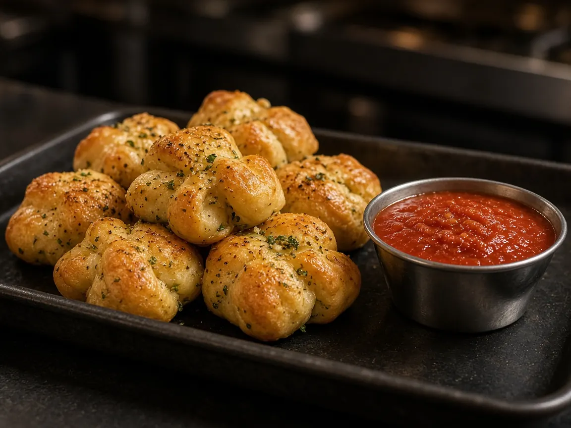 Golden garlic knots on a metal tray beside a cup of marinara
