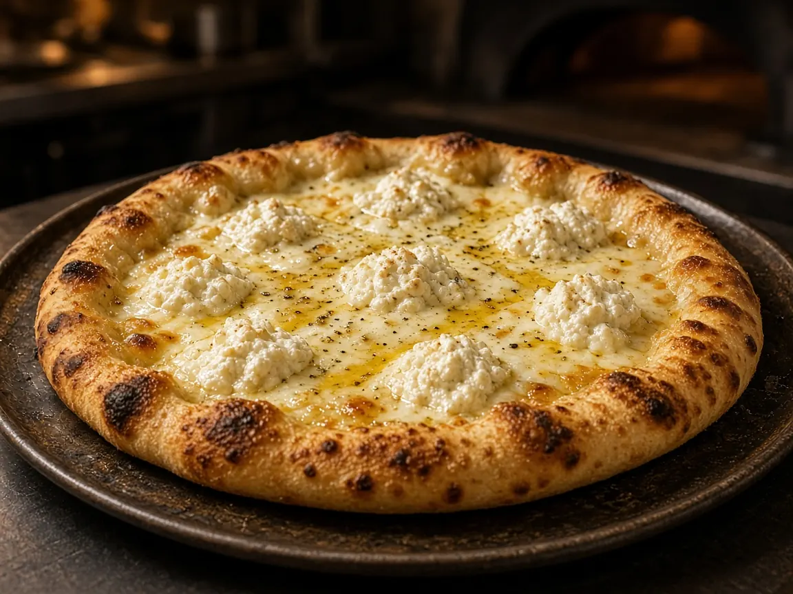 White pizza with melted cheese and no red sauce on a metal tray