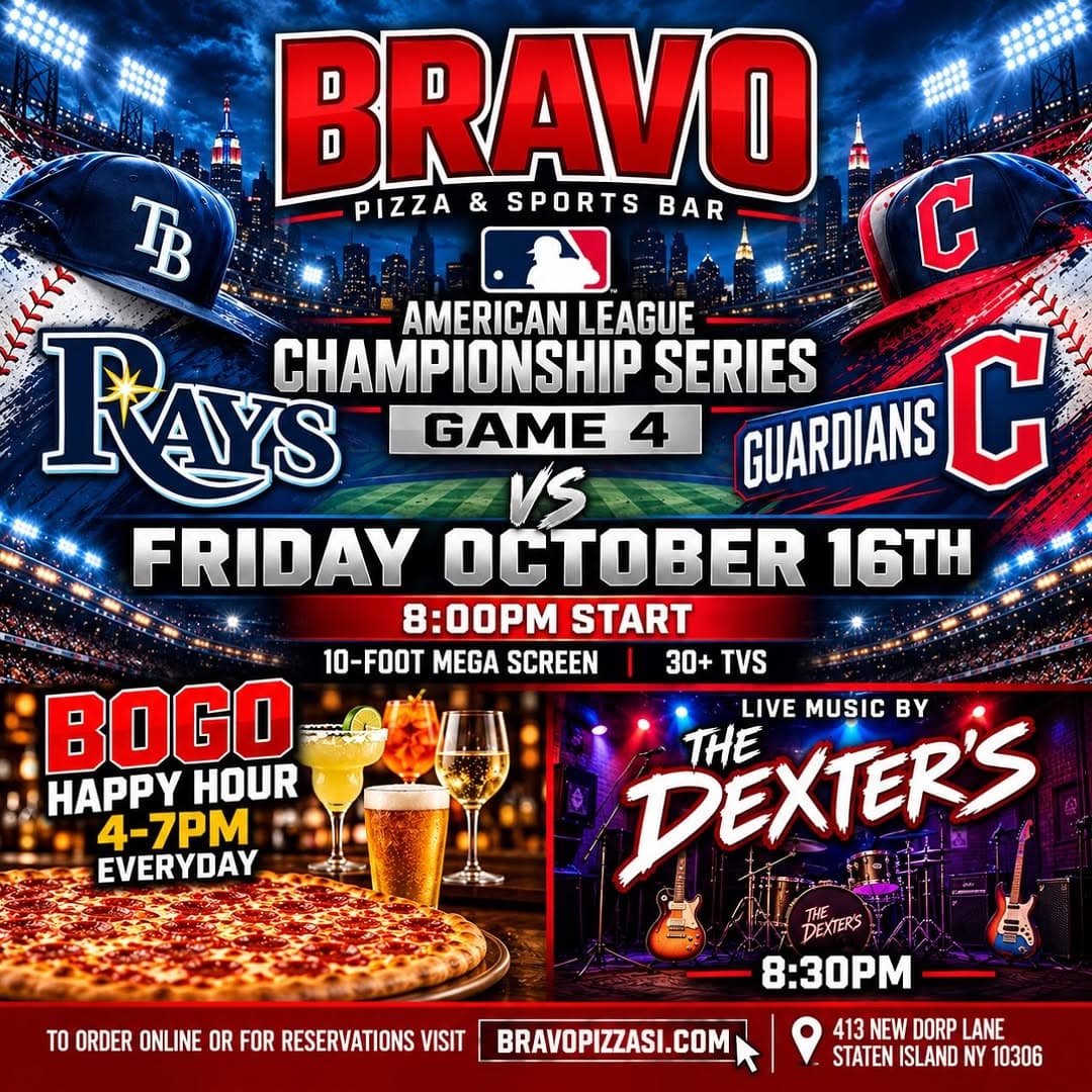 Friday night Bravo Pizza graphic for baseball, drinks, and live music