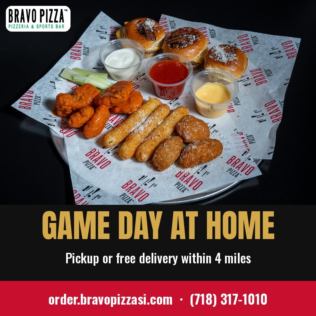 Appetizer sampler with fried bites and a cheese pizza, from a Bravo Pizza Instagram post