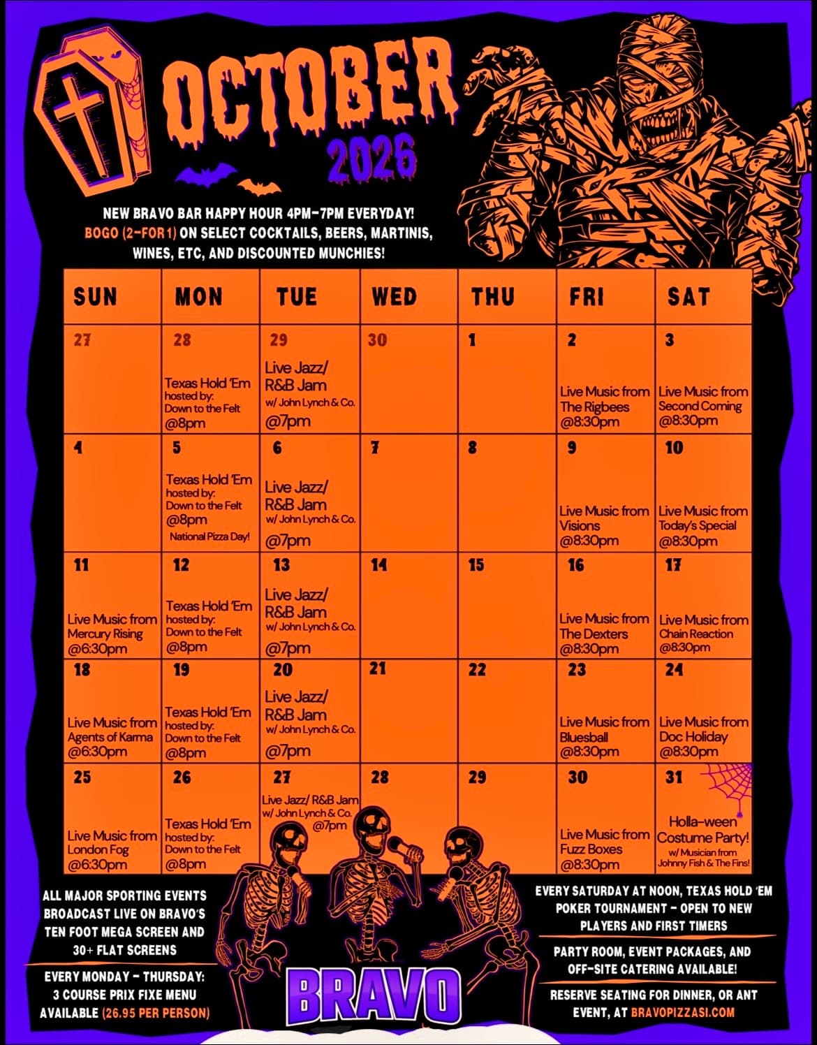 Bravo Pizza October 2026 events calendar flyer